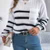 Casual Contrast Color Striped Pocket Lantern Sleeve Pullover Sweater in Sweaters