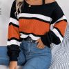 Casual Contrast Color Striped Lantern Sleeve Metal Buckle Off The Shoulder Pullover Sweater in Sweaters