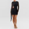 Round Neck Long Sleeve Mesh Splicing Sexy Pleated Hip Bag Dress in Dresses