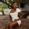 Sexy Slim U Neck Short Puff Sleeve Princess Dress in Dresses