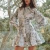 Vintage Print Lantern Sleeve Collared Tied Shirt Dress in Dresses