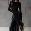 Irregular Asymmetric Slit Solid Color Round Neck Long Sleeved Dress in Dresses