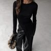 Irregular Asymmetric Slit Solid Color Round Neck Long Sleeved Dress in Dresses
