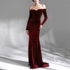 Off Shoulder Long Sleeve Velvet Large Evening Dress in Dresses