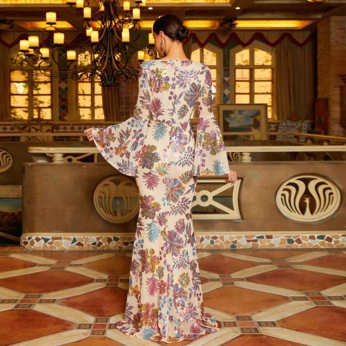 Long Sleeved Elegant V neck Sexy Long Sequined Evening Dress in Dresses