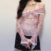 Sexy Off Shoulder Floral Printed Lotus Leaf Lace Trim Mesh Long Sleeve Top in Tops & Tees