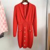 Sexy V Elegant Lion Buckle Collared Knitted Sheath Dress in Dresses