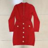 Sexy V Elegant Lion Buckle Collared Knitted Sheath Dress in Dresses