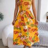 Printing Lace Up Waist Vacation Beach Dress in Dresses
