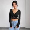 Deep V Plunge Neck Long Sleeve Lace Patchwork Pleated Cropped T Shirt Top in Tops & Tees