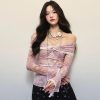 Sexy Off Shoulder Floral Printed Lotus Leaf Lace Trim Mesh Long Sleeve Top in Tops & Tees