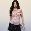 Sexy Off Shoulder Floral Printed Lotus Leaf Lace Trim Mesh Long Sleeve Top in Tops & Tees