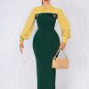 Elegant Contrast Color Tight Waist Sheath Back Slit Dress in Dresses