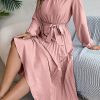 Elegant Stand Collar Long Sleeve Cinched Pleated Dress in Dresses