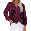 Pleated Long Sleeved V Neck Loose Satin Office Shirt in Shirts & Blouses