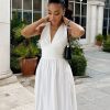 Tight Waist V Neck Lace Up Pure Cottom Maxi Dress in Dresses