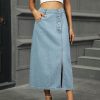 Washed Split Button Denim Mid Length Skirt in Skirts