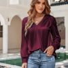 Pleated Long Sleeved V Neck Loose Satin Office Shirt in Shirts & Blouses