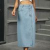 Washed Split Button Denim Mid Length Skirt in Skirts