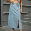 Washed Split Button Denim Mid Length Skirt in Skirts