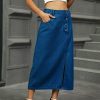 Washed Split Button Denim Mid Length Skirt in Skirts