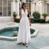 Tight Waist V Neck Lace Up Pure Cottom Maxi Dress in Dresses