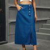 Washed Split Button Denim Mid Length Skirt in Skirts