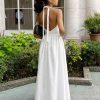 Tight Waist V Neck Lace Up Pure Cottom Maxi Dress in Dresses