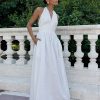 Tight Waist V Neck Lace Up Pure Cottom Maxi Dress in Dresses
