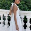 Tight Waist V Neck Lace Up Pure Cottom Maxi Dress in Dresses