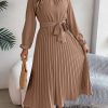 Elegant Stand Collar Long Sleeve Cinched Pleated Dress in Dresses