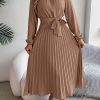 Elegant Stand Collar Long Sleeve Cinched Pleated Dress in Dresses