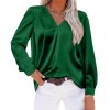 Pleated Long Sleeved V Neck Loose Satin Office Shirt in Shirts & Blouses