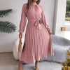 Elegant Stand Collar Long Sleeve Cinched Pleated Dress in Dresses