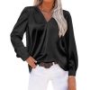 Pleated Long Sleeved V Neck Loose Satin Office Shirt in Shirts & Blouses