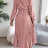 Elegant Stand Collar Long Sleeve Cinched Pleated Dress in Dresses
