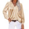 Pleated Long Sleeved V Neck Loose Satin Office Shirt in Shirts & Blouses