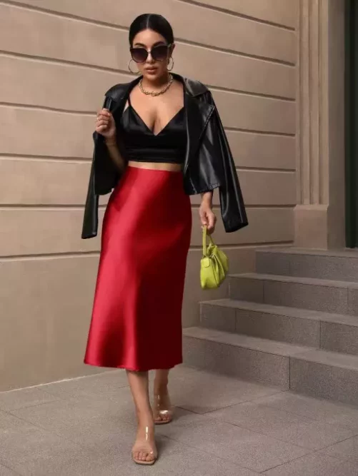 Elegant Fishtail Satin Mid Length Skirt in Skirts