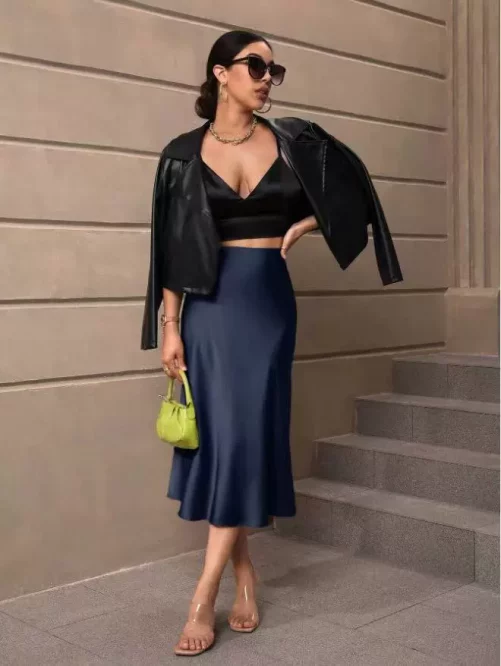 Elegant Fishtail Satin Mid Length Skirt in Skirts