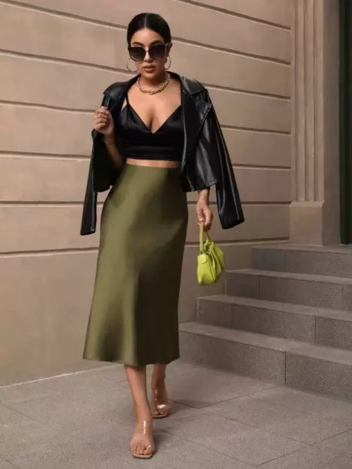 Elegant Fishtail Satin Mid Length Skirt in Skirts