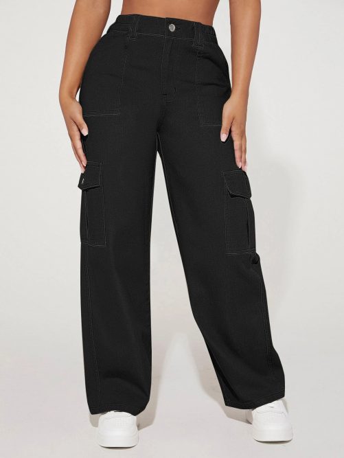 Button High Waist Wide Leg Cargo Pants in Pants