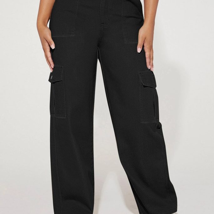 Button High Waist Wide Leg Cargo Pants in Pants