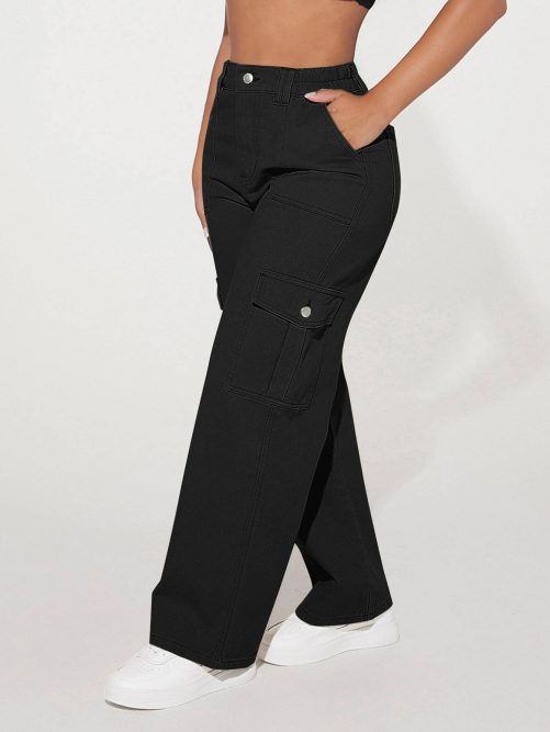 Button High Waist Wide Leg Cargo Pants in Pants