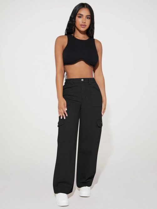 Button High Waist Wide Leg Cargo Pants in Pants