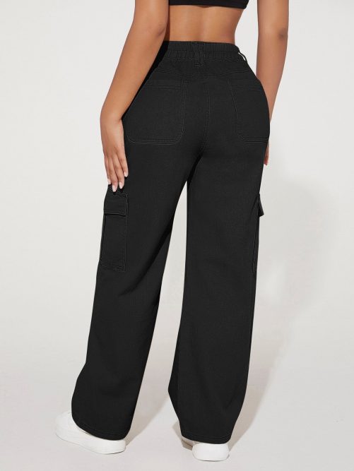 Button High Waist Wide Leg Cargo Pants in Pants