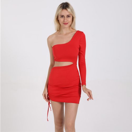 Sexy Hollow Out Cutout One Shoulder Long Sleeve Dress in Dresses