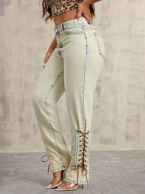 Lace Up Decorative Loose Wide Leg Straight Denim Pants in Pants