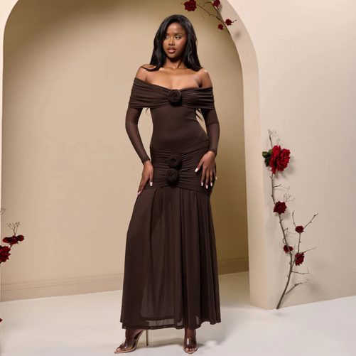 Sexy Off The Shoulder Pleated Floral Slim Fit Dress in Dresses