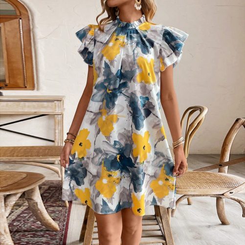 Printed V Neck Short Sleeve Loose Dress in Dresses