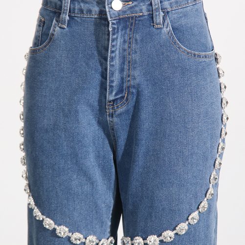 Ring Rhinestone Stitching Design Straight Pants in Pants